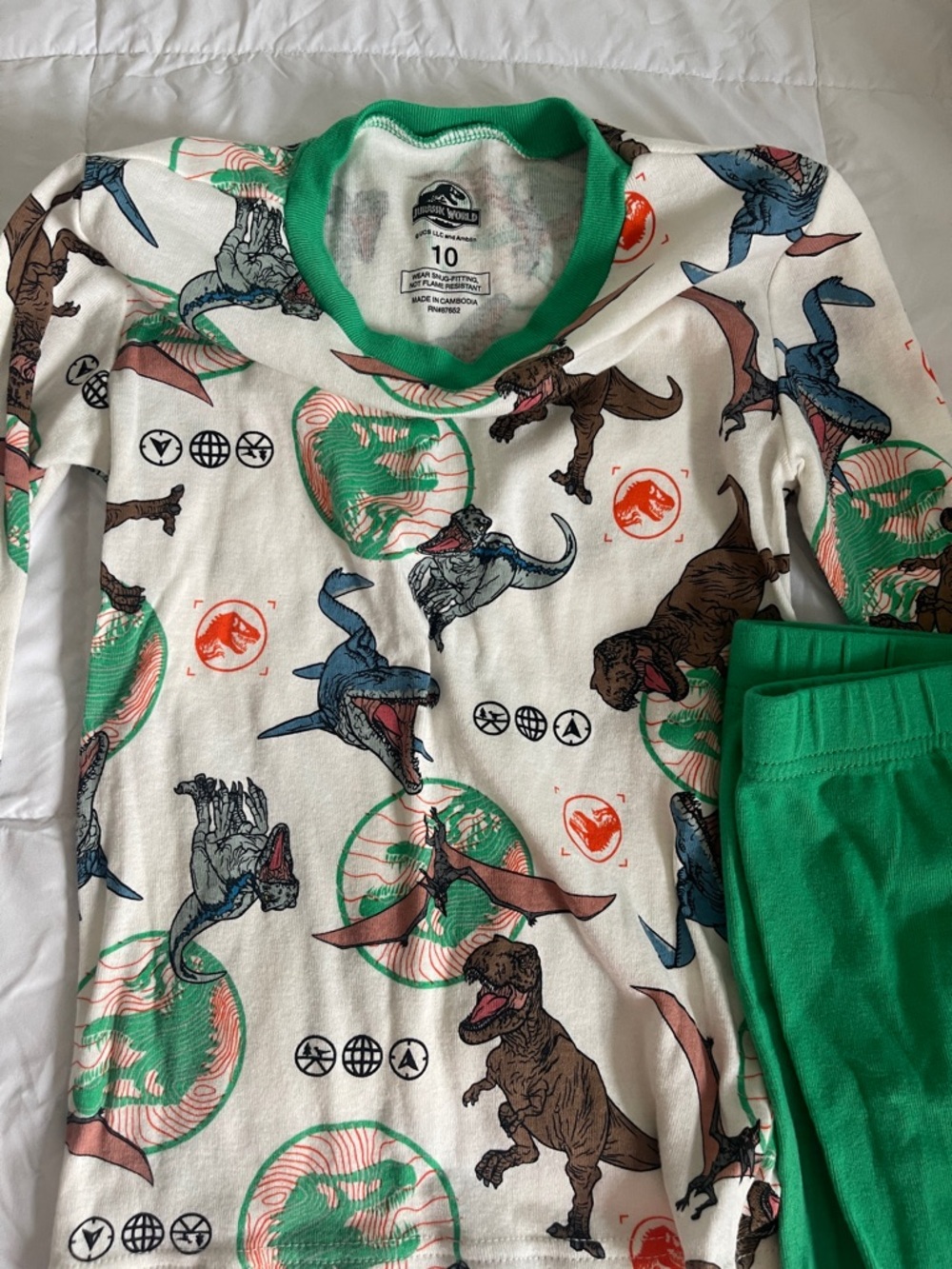 Jurassic Dinosaur Green Trim Kids Pajama Set - Size 10